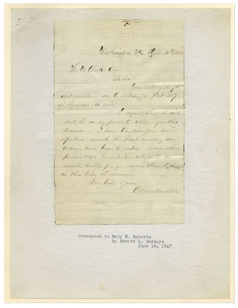 Clara Barton Autograph Letter Signed -- With a Photo of Her Childhood Home